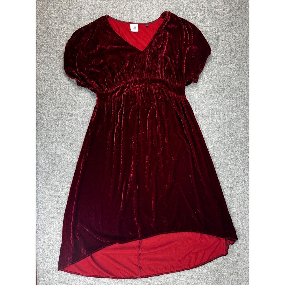 Cabi Dress Medium Burgundy Crushed Velvet Grace Tribute High Low 3696